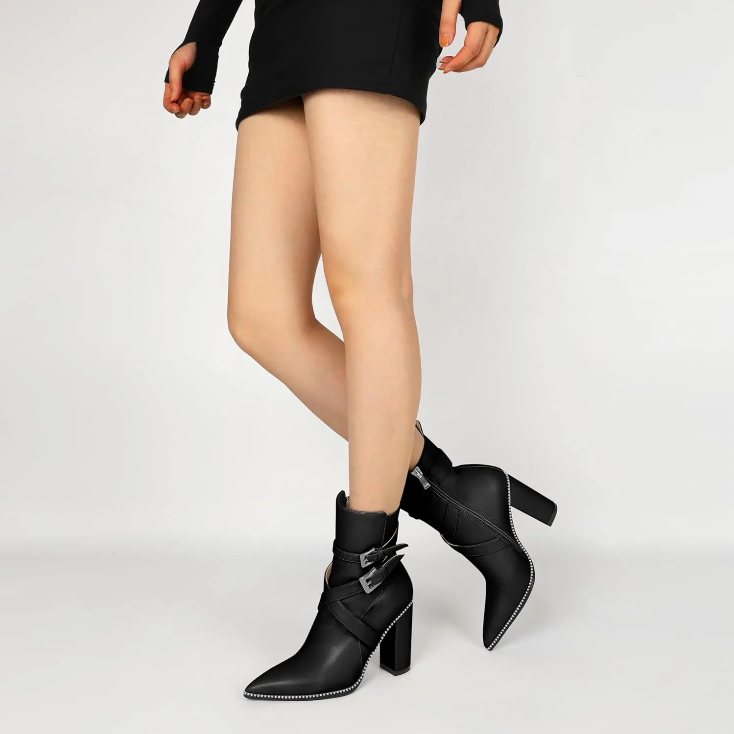 AUMOTED Womens Pointed Toe Beaded Chunky Ankle Boots Side Zipper 3.5 Inches High Heel Western Boots