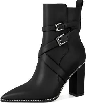 AUMOTED Womens Pointed Toe Beaded Chunky Ankle Boots Side Zipper 3.5 Inches High Heel Western Boots