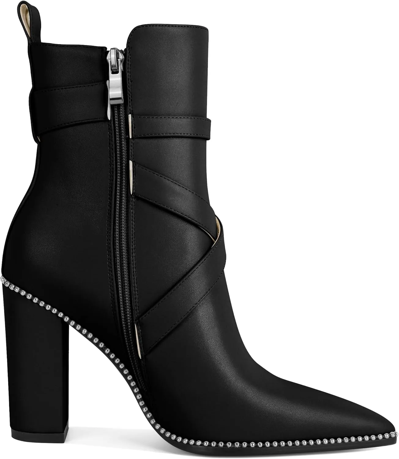 AUMOTED Womens Pointed Toe Beaded Chunky Ankle Boots Side Zipper 3.5 Inches High Heel Western Boots