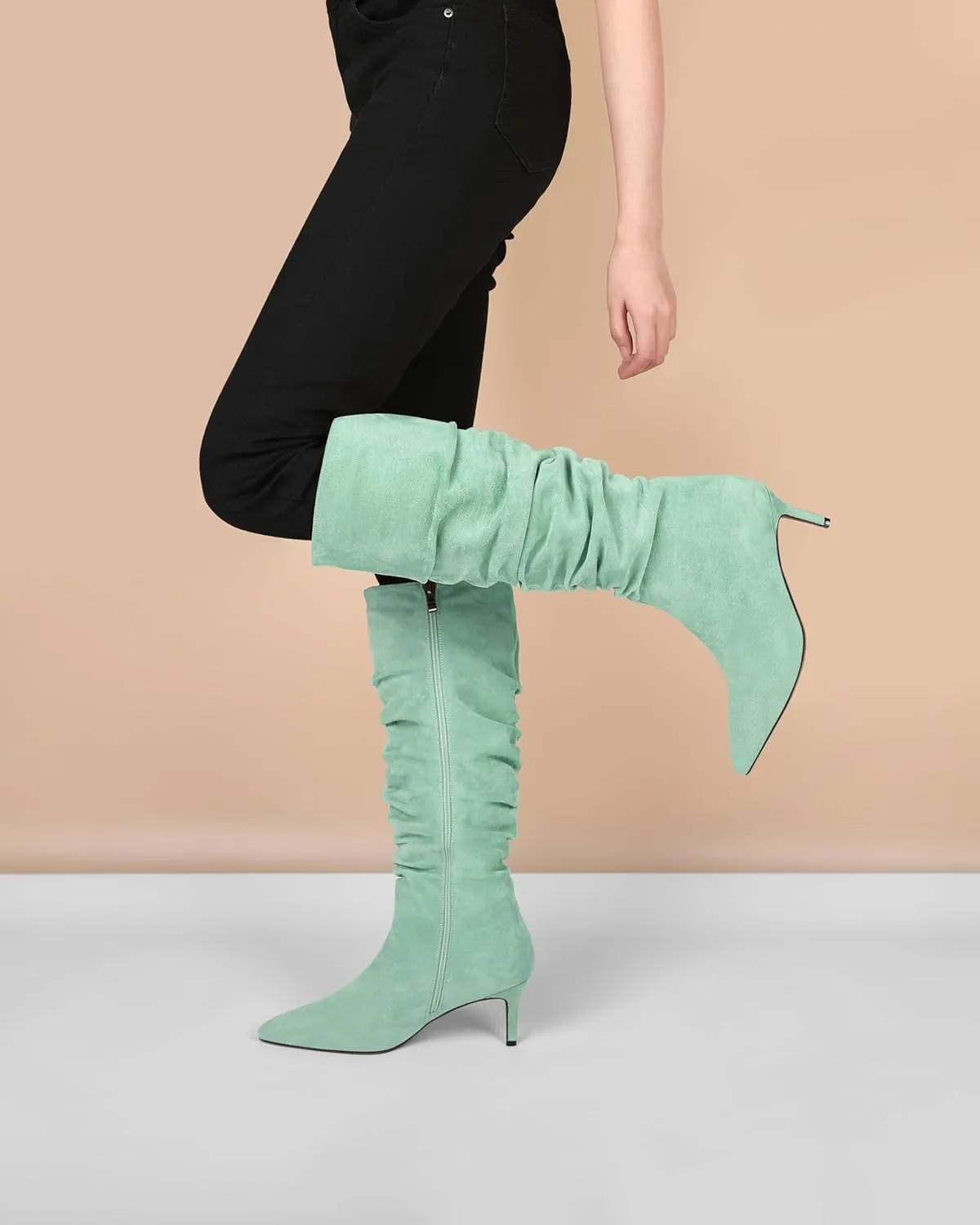 AUMOTED Womens Slouchy Knee High Boots Mid Calf Boots Kitten Heel Pointed Toe Pull On Long Boots Winter Shoes 2.5 Inch Heeled Boots