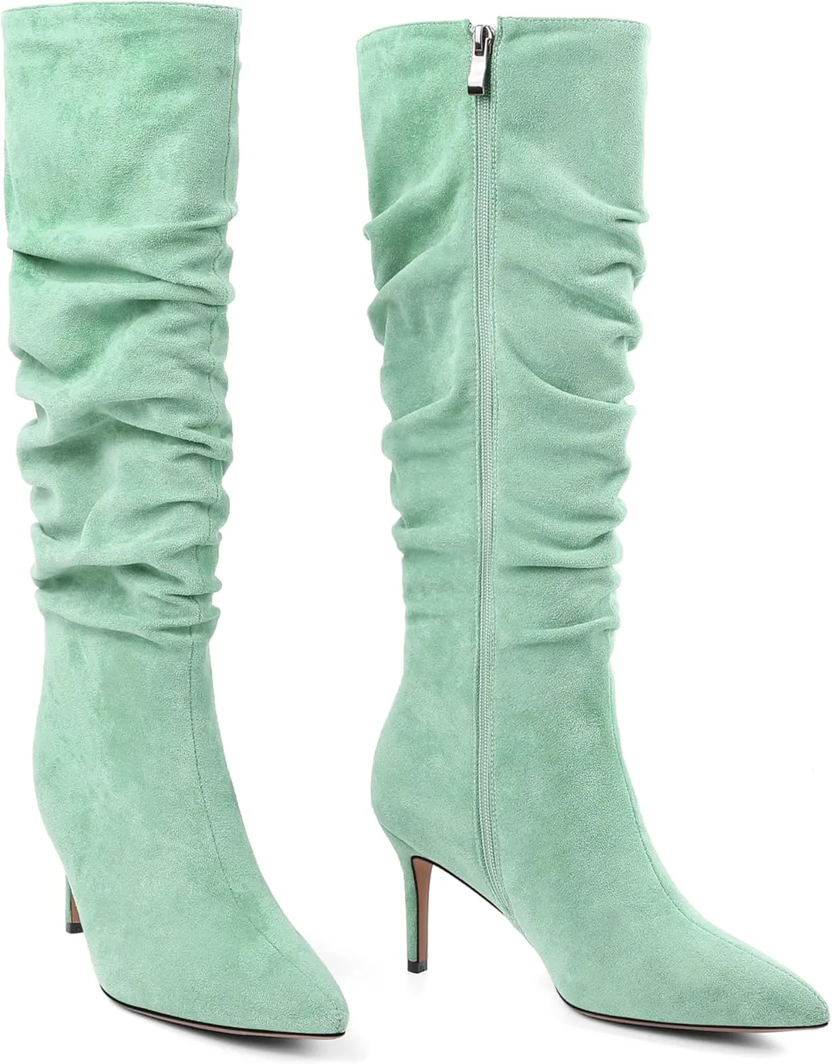 AUMOTED Womens Slouchy Knee High Boots Mid Calf Boots Kitten Heel Pointed Toe Pull On Long Boots Winter Shoes 2.5 Inch Heeled Boots