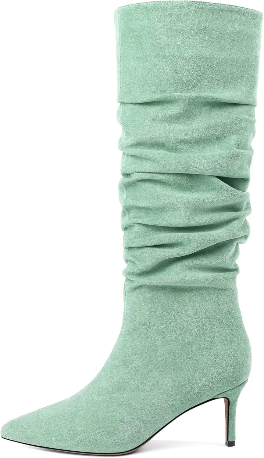 AUMOTED Womens Slouchy Knee High Boots Mid Calf Boots Kitten Heel Pointed Toe Pull On Long Boots Winter Shoes 2.5 Inch Heeled Boots