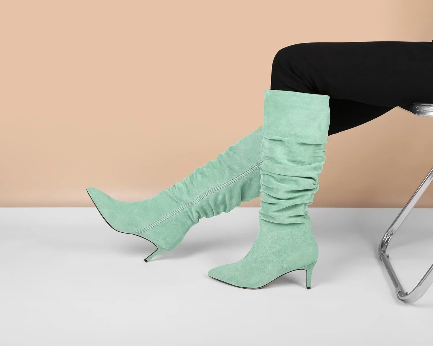 AUMOTED Womens Slouchy Knee High Boots Mid Calf Boots Kitten Heel Pointed Toe Pull On Long Boots Winter Shoes 2.5 Inch Heeled Boots