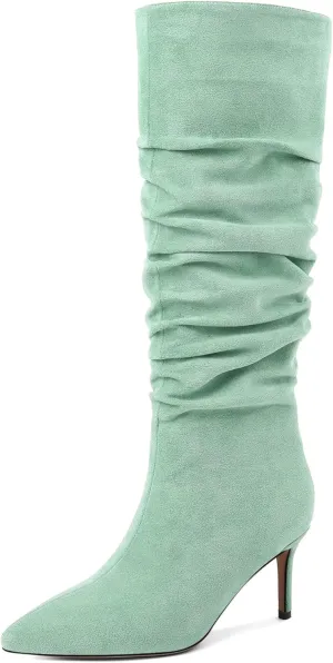 AUMOTED Womens Slouchy Knee High Boots Mid Calf Boots Kitten Heel Pointed Toe Pull On Long Boots Winter Shoes 2.5 Inch Heeled Boots