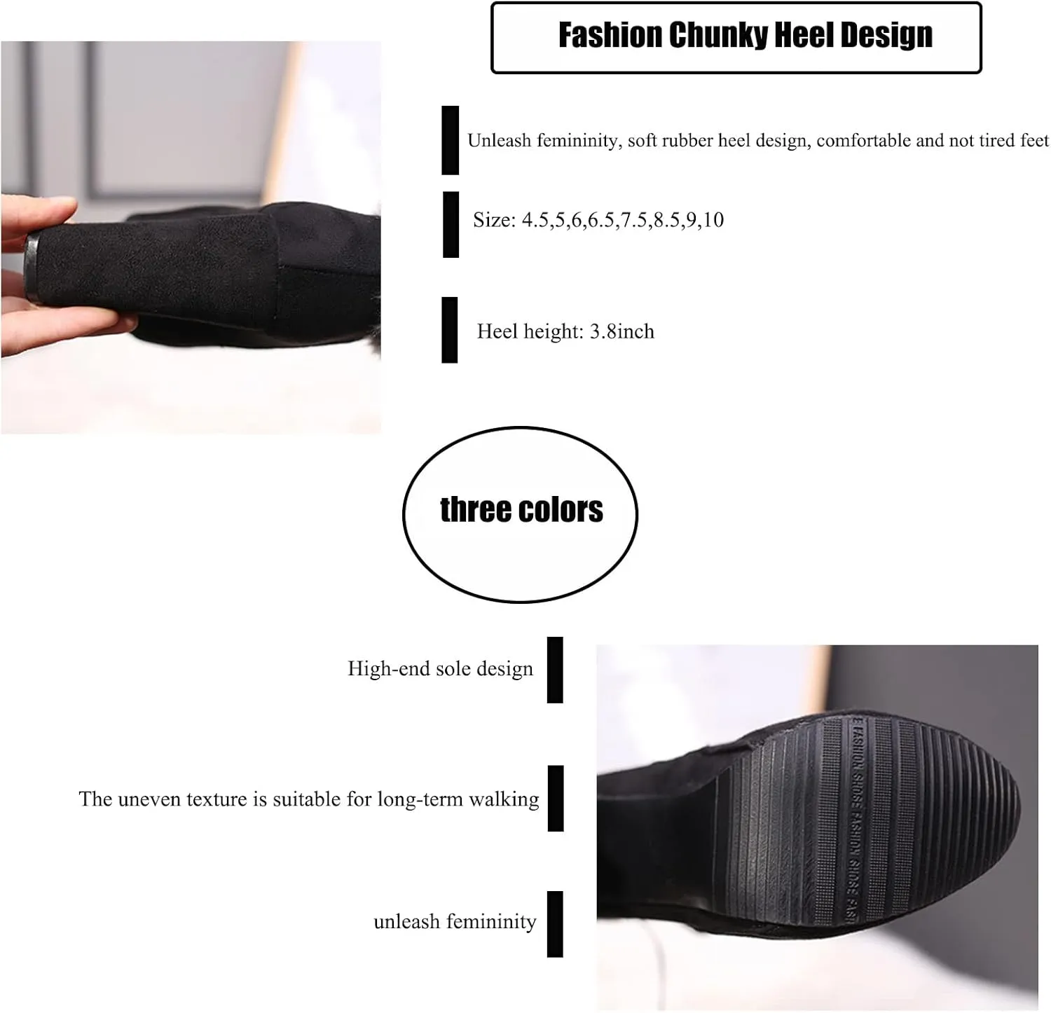 AUNTHUI Women's Winter Suede Fleece Pointed Toe Chunky Heel High Heels, Side Zipper Warm Comfortable Non-slip Fashion Snow Boots