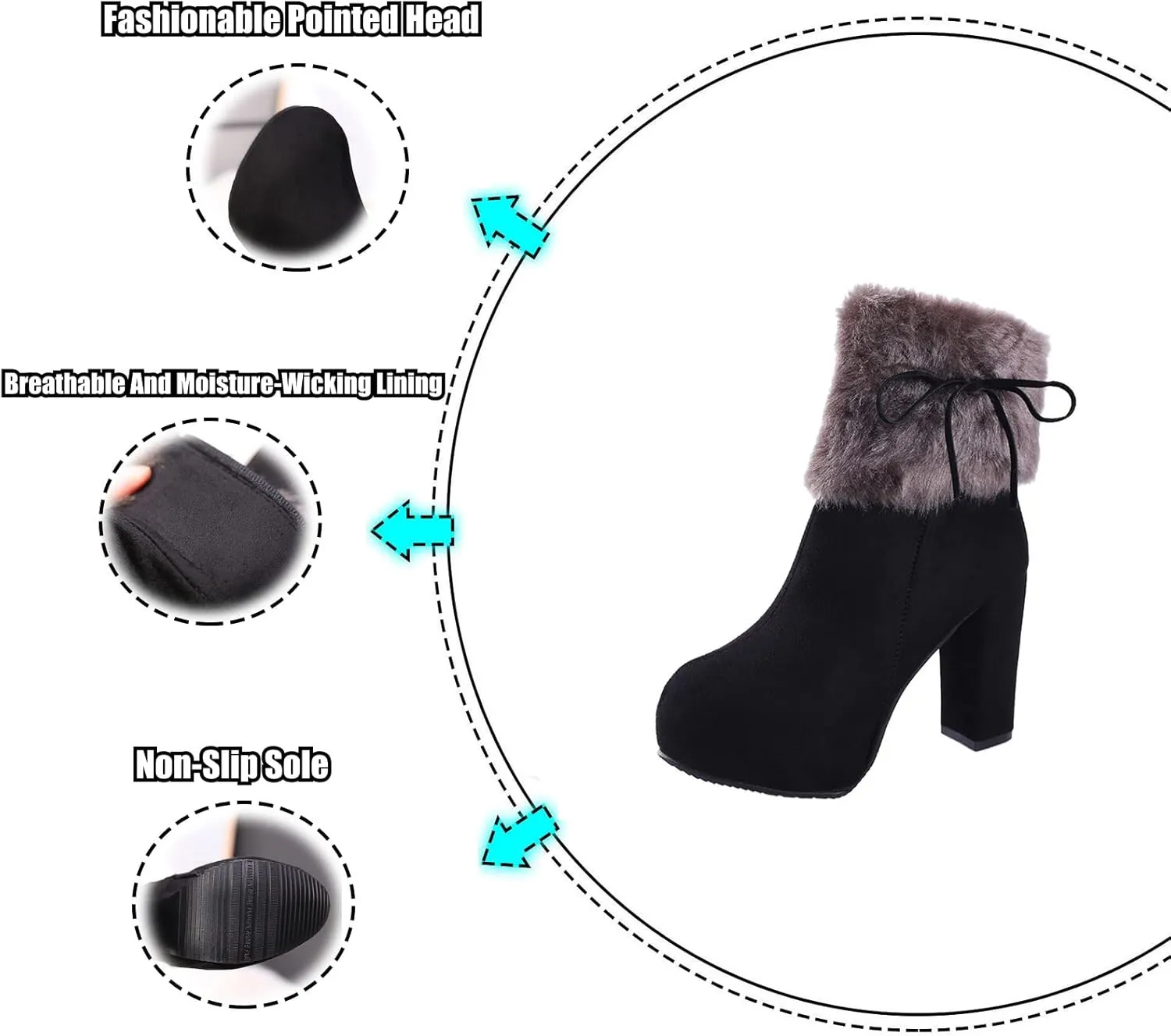 AUNTHUI Women's Winter Suede Fleece Pointed Toe Chunky Heel High Heels, Side Zipper Warm Comfortable Non-slip Fashion Snow Boots