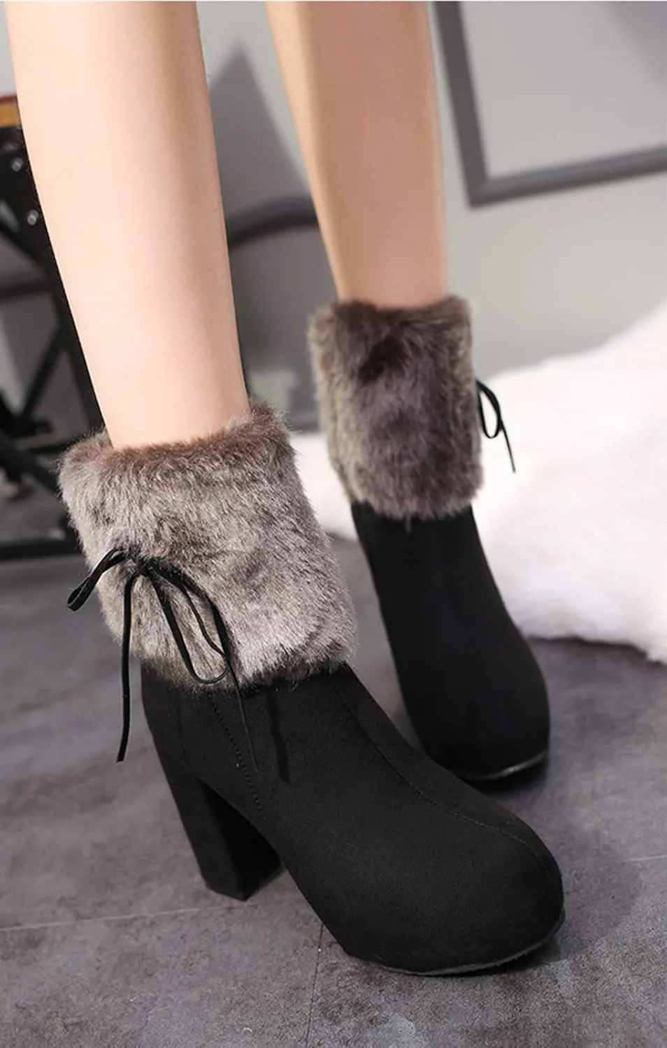 AUNTHUI Women's Winter Suede Fleece Pointed Toe Chunky Heel High Heels, Side Zipper Warm Comfortable Non-slip Fashion Snow Boots