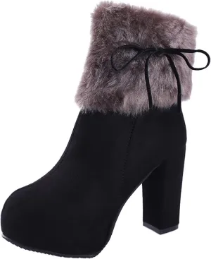 AUNTHUI Women's Winter Suede Fleece Pointed Toe Chunky Heel High Heels, Side Zipper Warm Comfortable Non-slip Fashion Snow Boots