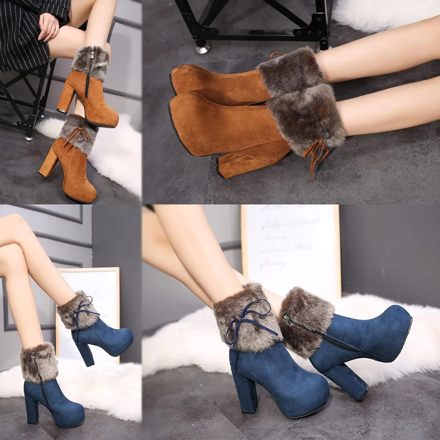 AUNTHUI Women's Winter Suede Fleece Pointed Toe Chunky Heel High Heels, Side Zipper Warm Comfortable Non-slip Fashion Snow Boots