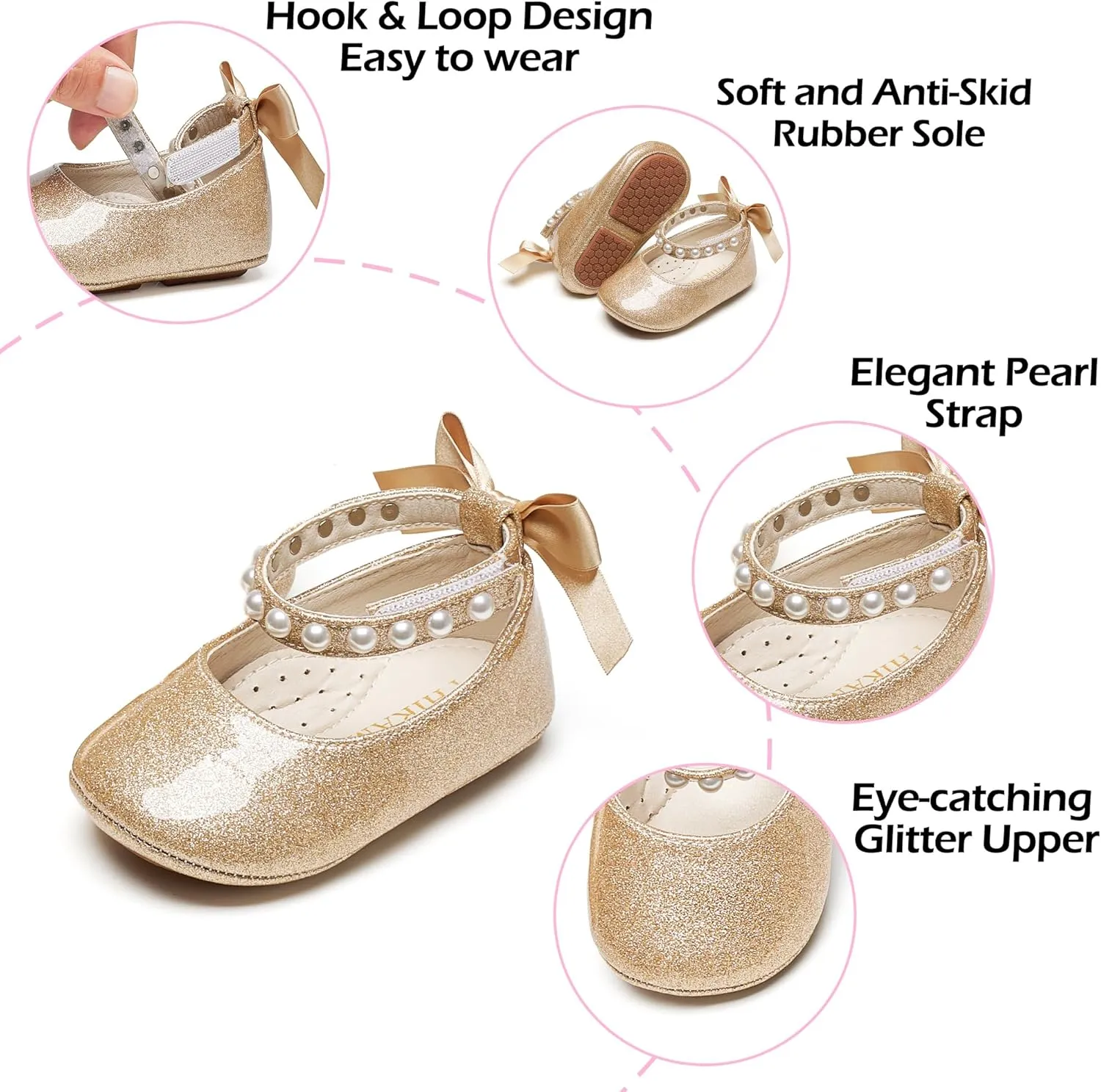 Baby Girls Mary Jane Flats - Infant Newborn Walking Shoes Soft Rubber Sole Princess Wedding