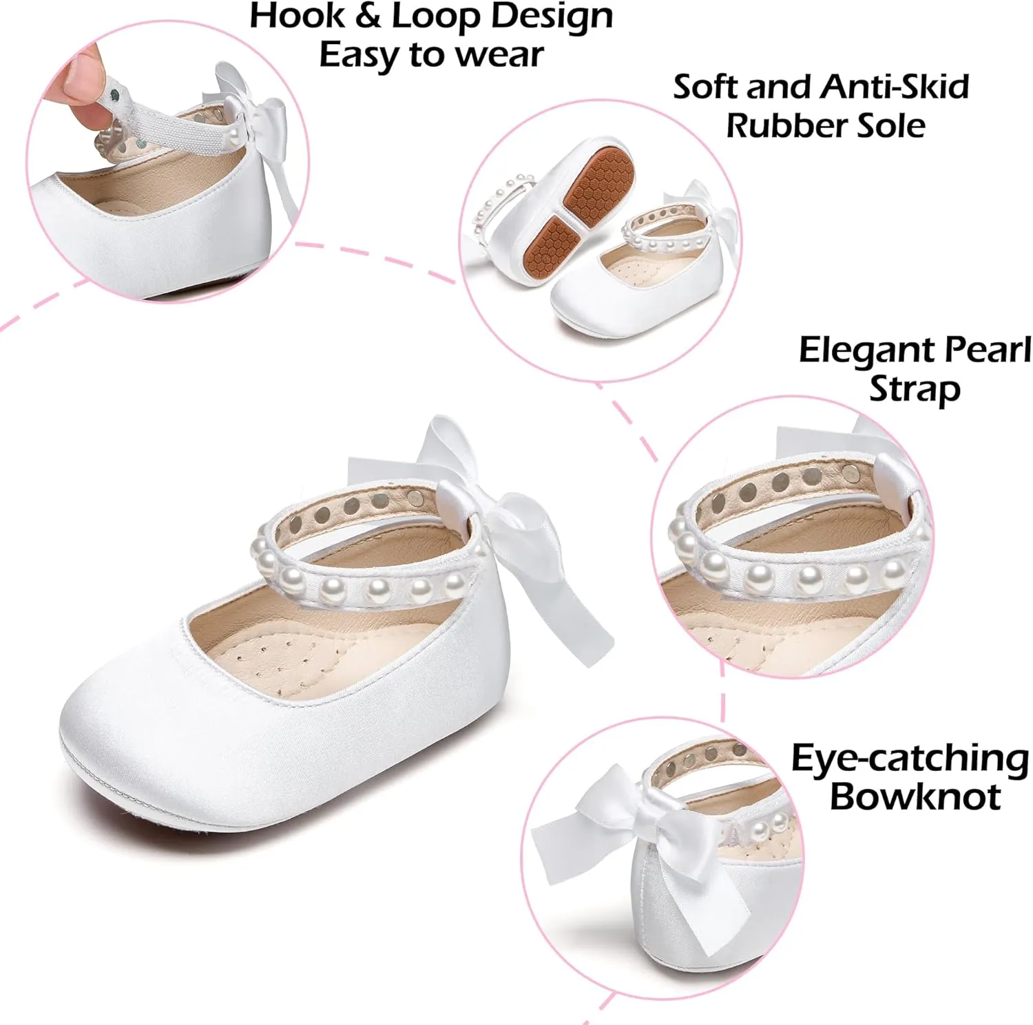 Baby Girls Mary Jane Flats - Infant Newborn Walking Shoes Soft Rubber Sole Princess Wedding
