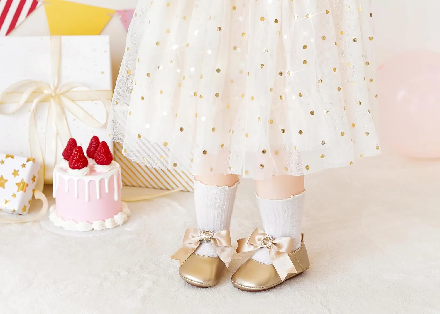 Baby Girls Mary Jane Flats - Infant Newborn Walking Shoes Soft Rubber Sole Princess Wedding