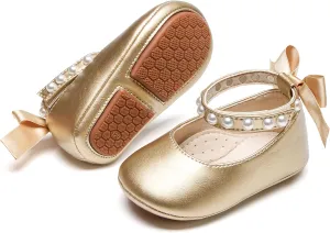 Baby Girls Mary Jane Flats - Infant Newborn Walking Shoes Soft Rubber Sole Princess Wedding