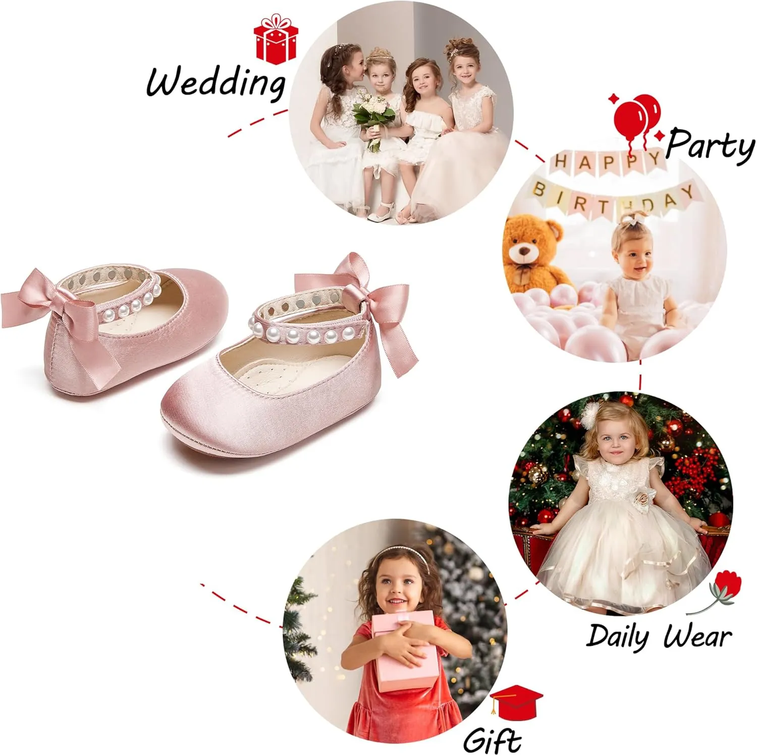 Baby Girls Mary Jane Flats - Infant Newborn Walking Shoes Soft Rubber Sole Princess Wedding