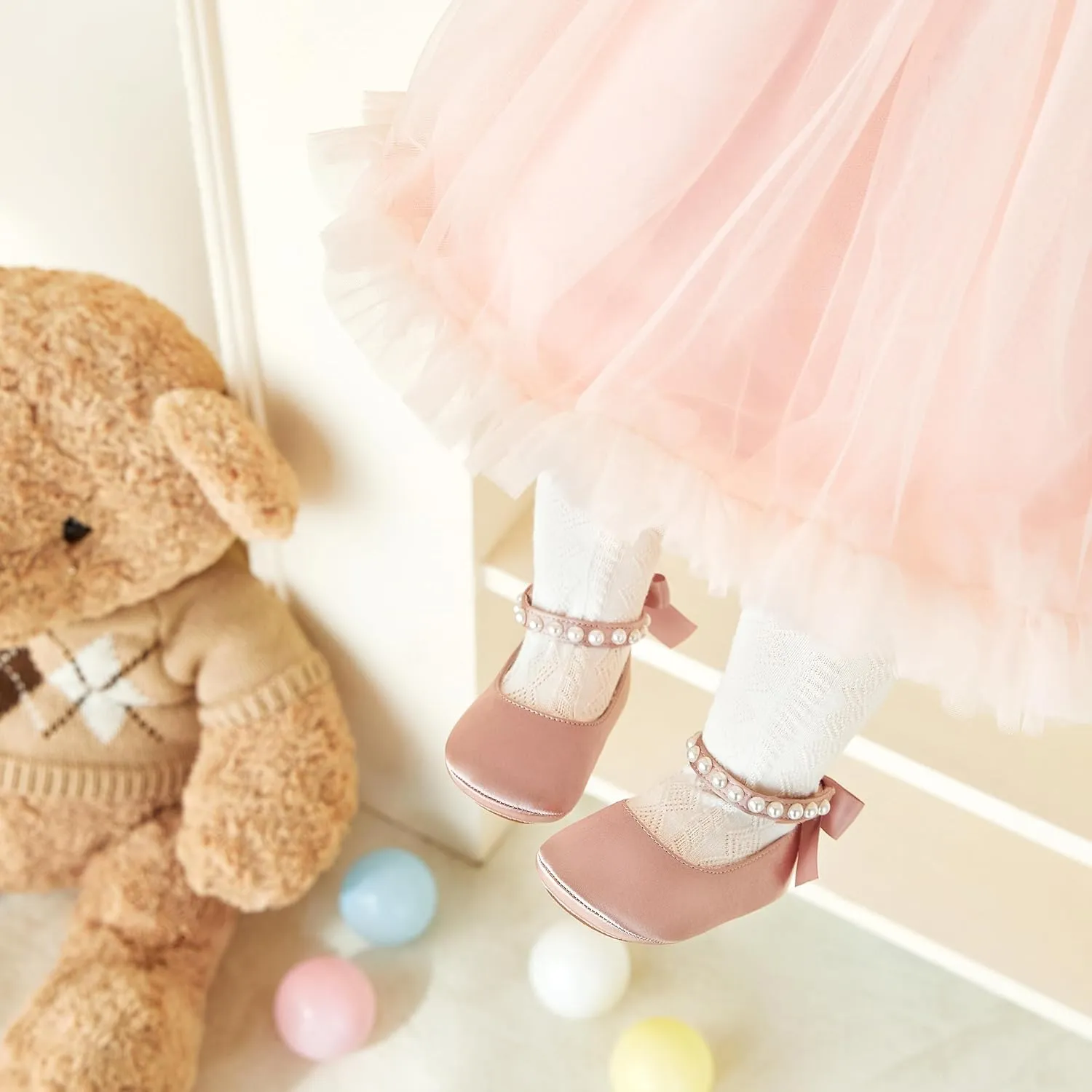 Baby Girls Mary Jane Flats - Infant Newborn Walking Shoes Soft Rubber Sole Princess Wedding