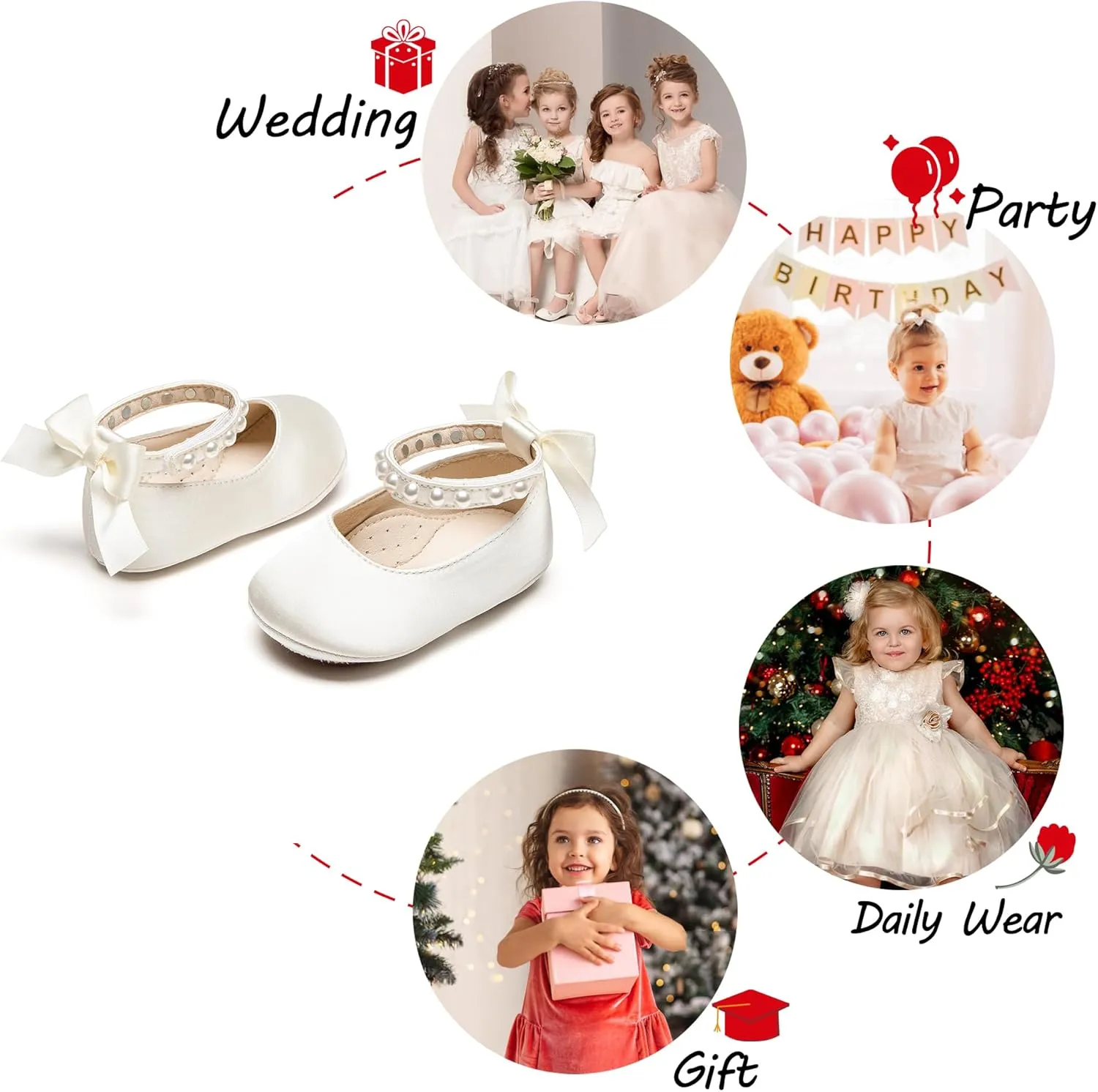 Baby Girls Mary Jane Flats - Infant Newborn Walking Shoes Soft Rubber Sole Princess Wedding