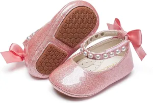 Baby Girls Mary Jane Flats - Infant Newborn Walking Shoes Soft Rubber Sole Princess Wedding