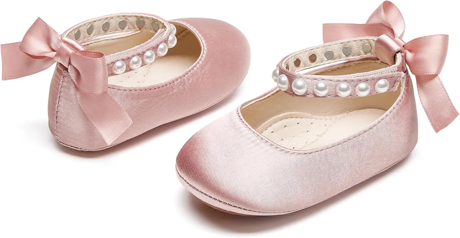Baby Girls Mary Jane Flats - Infant Newborn Walking Shoes Soft Rubber Sole Princess Wedding