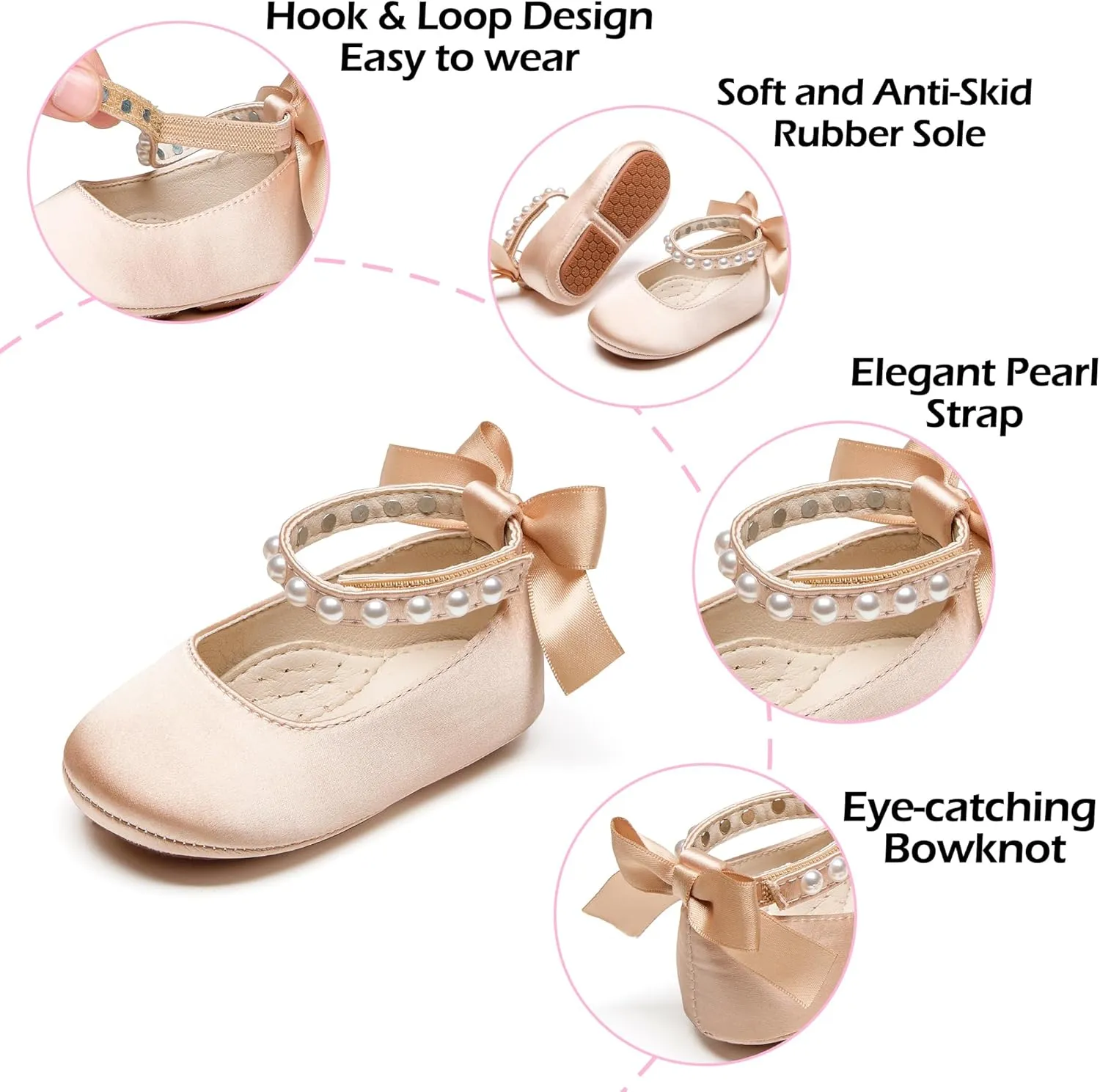 Baby Girls Mary Jane Flats - Infant Newborn Walking Shoes Soft Rubber Sole Princess Wedding
