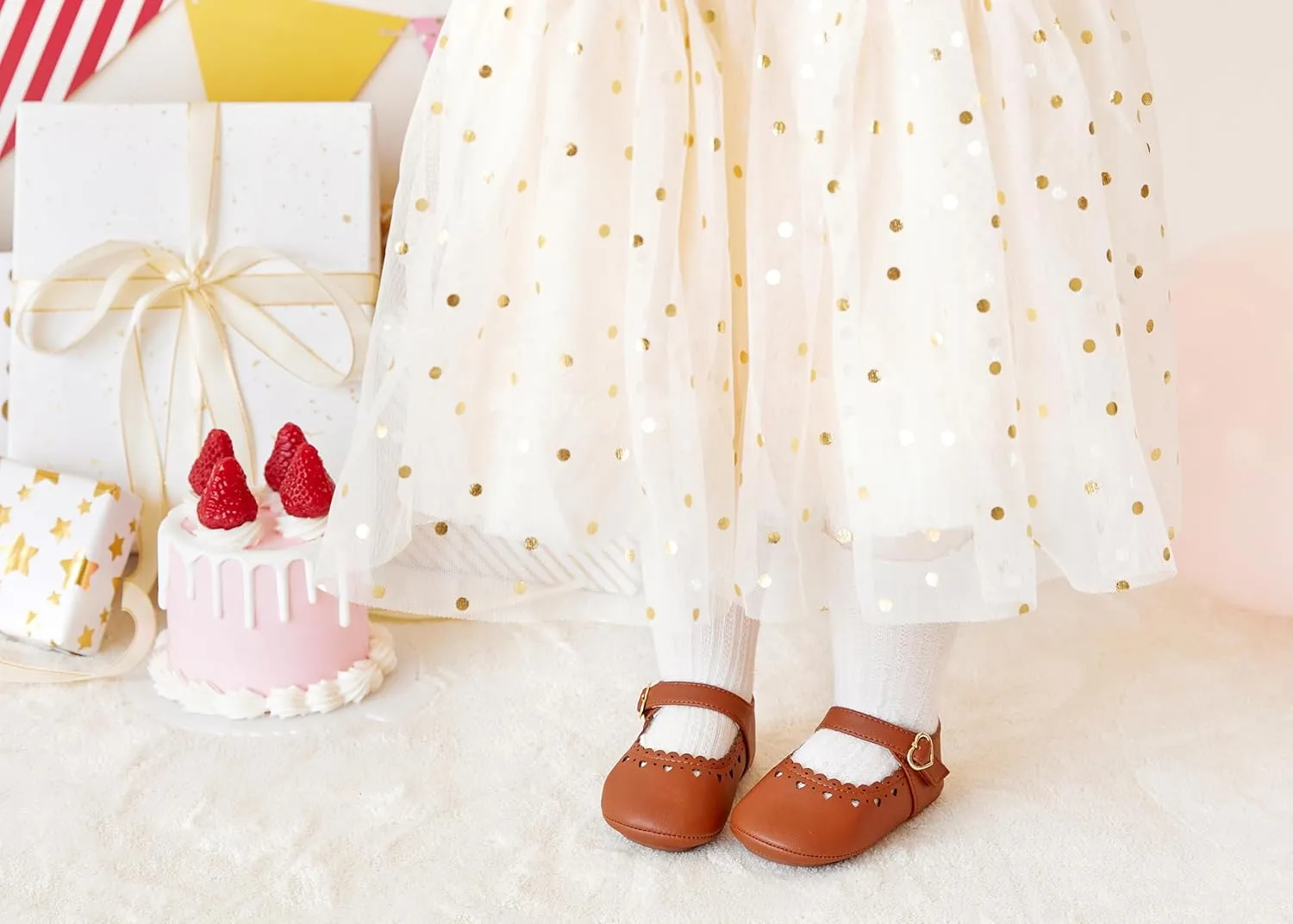 Baby Girls Mary Jane Flats - Infant Newborn Walking Shoes Soft Rubber Sole Princess Wedding