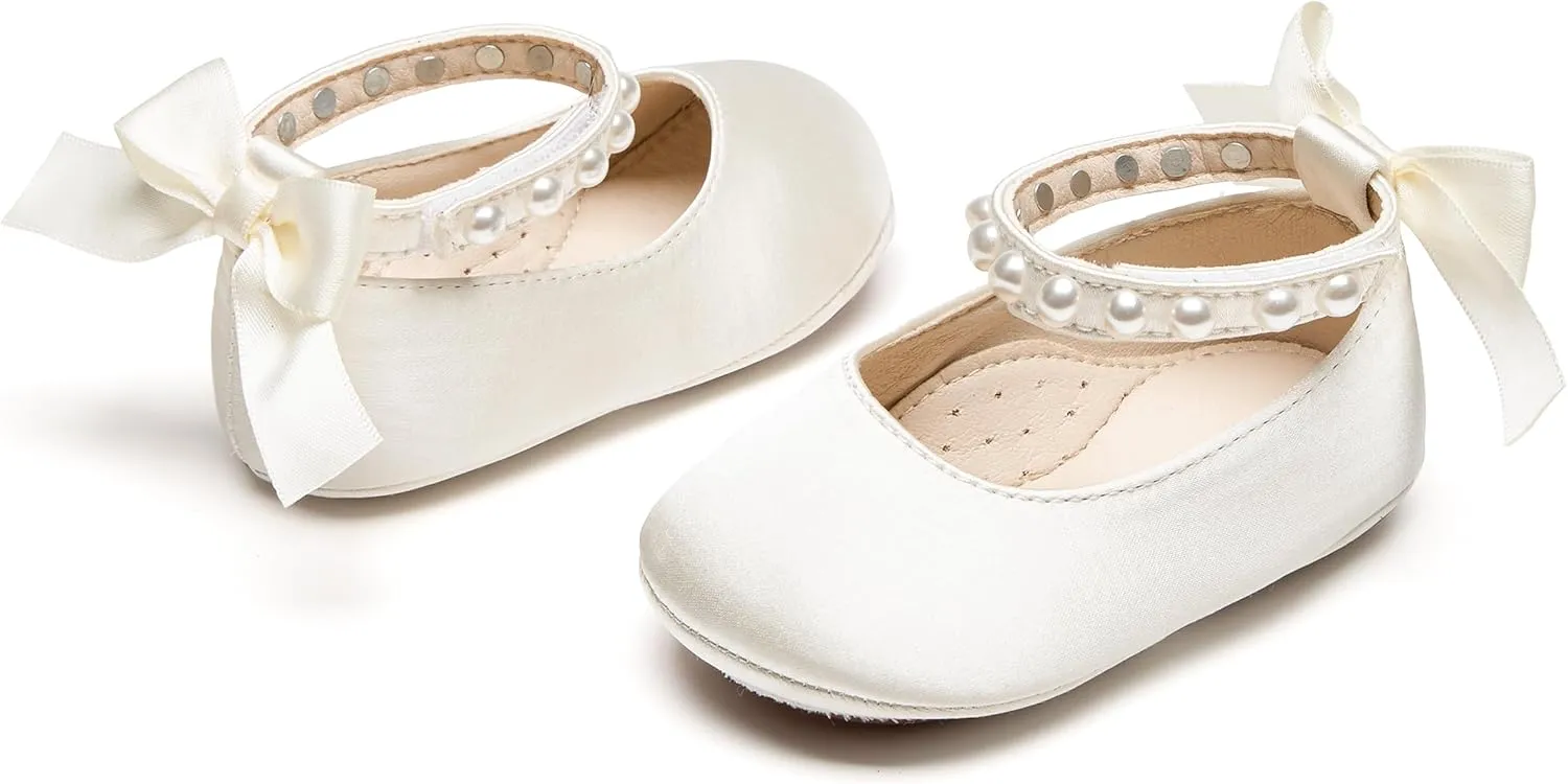 Baby Girls Mary Jane Flats - Infant Newborn Walking Shoes Soft Rubber Sole Princess Wedding