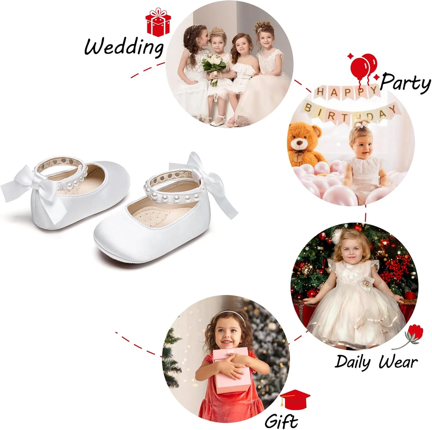 Baby Girls Mary Jane Flats - Infant Newborn Walking Shoes Soft Rubber Sole Princess Wedding