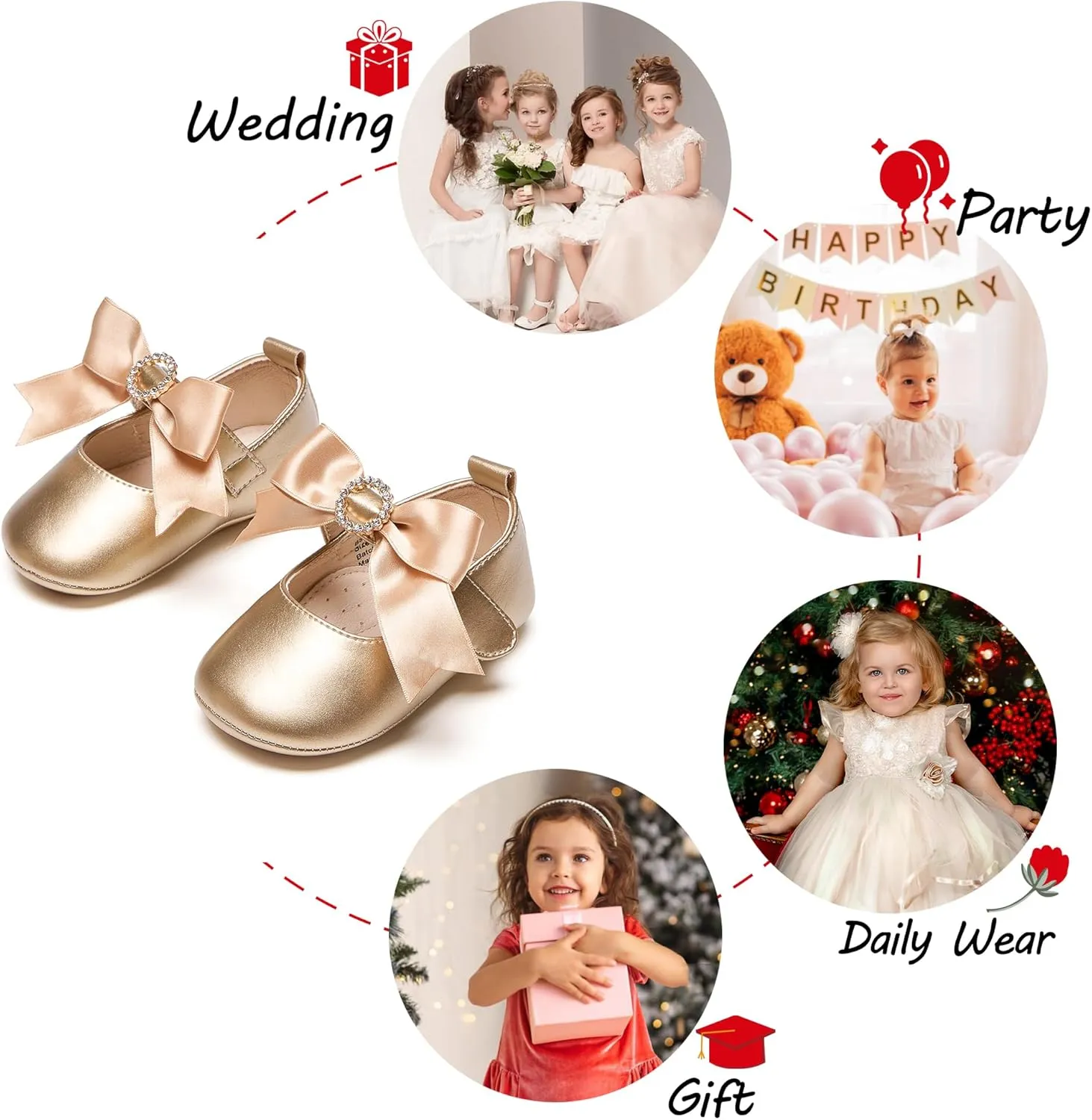 Baby Girls Mary Jane Flats - Infant Newborn Walking Shoes Soft Rubber Sole Princess Wedding