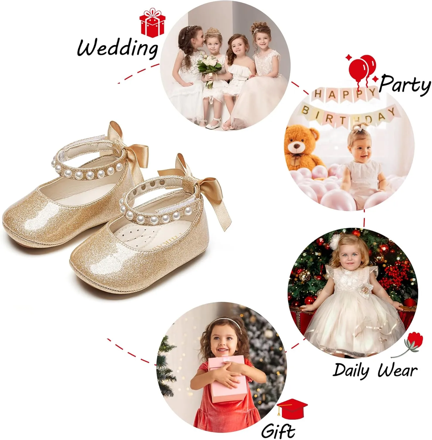 Baby Girls Mary Jane Flats - Infant Newborn Walking Shoes Soft Rubber Sole Princess Wedding