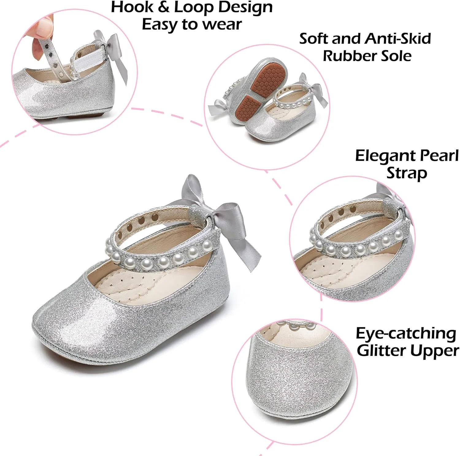 Baby Girls Mary Jane Flats - Infant Newborn Walking Shoes Soft Rubber Sole Princess Wedding
