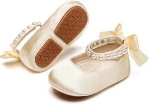 Baby Girls Mary Jane Flats - Infant Newborn Walking Shoes Soft Rubber Sole Princess Wedding