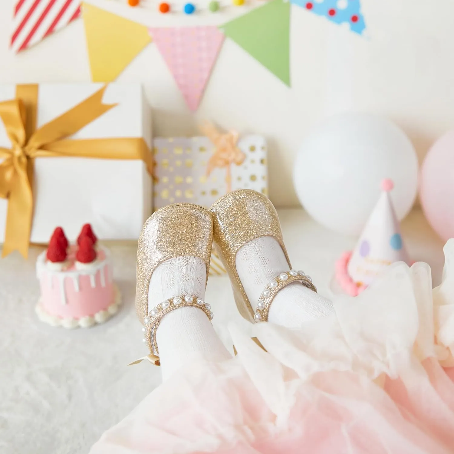 Baby Girls Mary Jane Flats - Infant Newborn Walking Shoes Soft Rubber Sole Princess Wedding