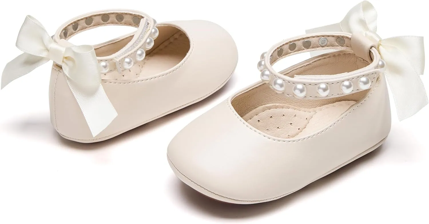 Baby Girls Mary Jane Flats - Infant Newborn Walking Shoes Soft Rubber Sole Princess Wedding