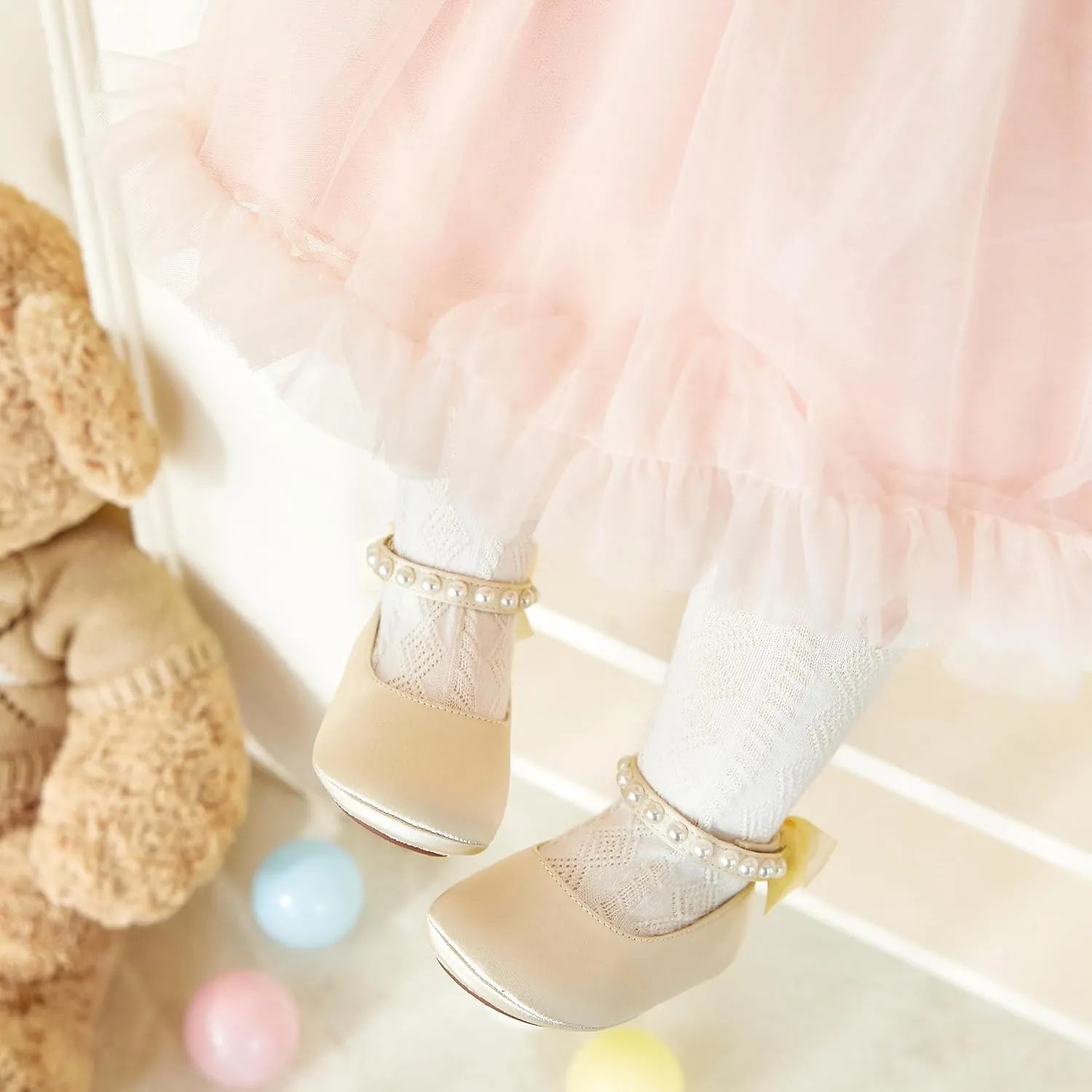 Baby Girls Mary Jane Flats - Infant Newborn Walking Shoes Soft Rubber Sole Princess Wedding