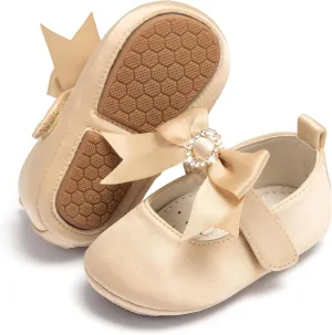 Baby Girls Mary Jane Flats - Infant Newborn Walking Shoes Soft Rubber Sole Princess Wedding