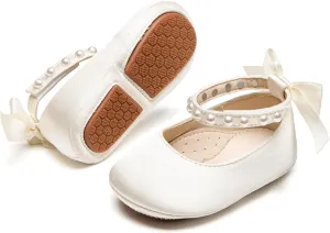 Baby Girls Mary Jane Flats - Infant Newborn Walking Shoes Soft Rubber Sole Princess Wedding