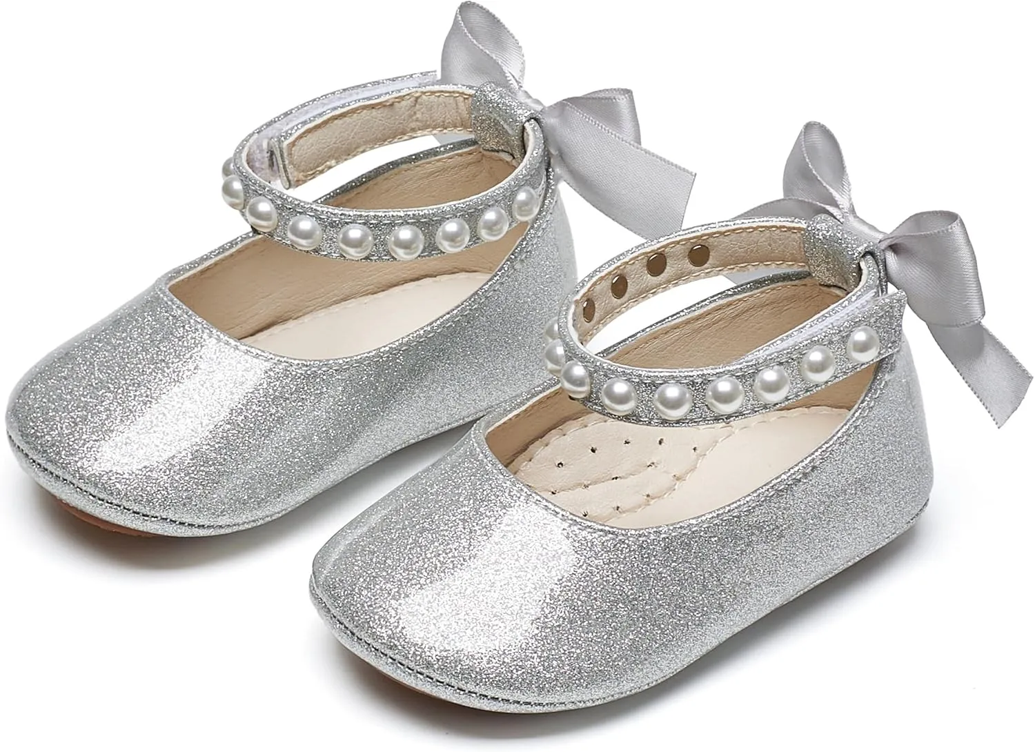 Baby Girls Mary Jane Flats - Infant Newborn Walking Shoes Soft Rubber Sole Princess Wedding