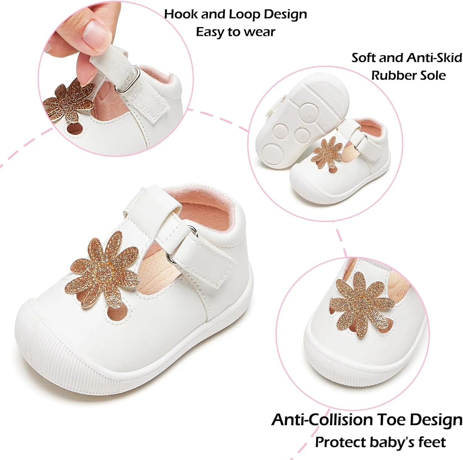 Baby Girls Mary Jane Flats - Infant Newborn Walking Shoes Soft Rubber Sole Princess Wedding