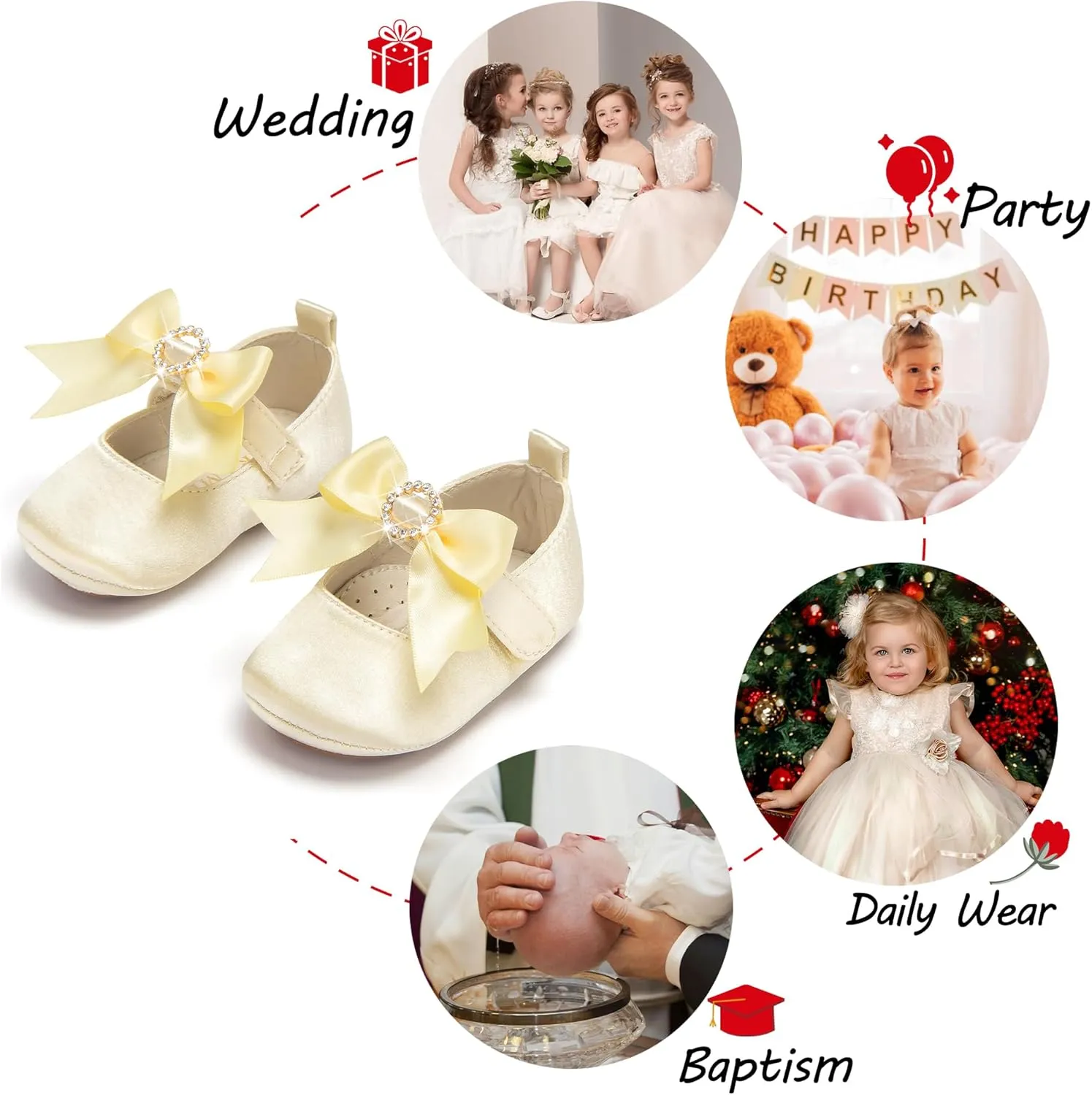 Baby Girls Mary Jane Flats - Infant Newborn Walking Shoes Soft Rubber Sole Princess Wedding