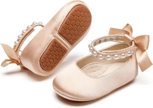 Baby Girls Mary Jane Flats - Infant Newborn Walking Shoes Soft Rubber Sole Princess Wedding