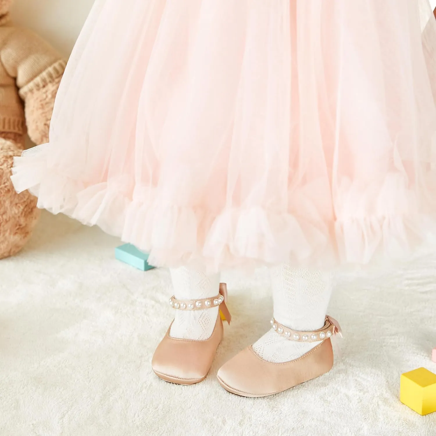 Baby Girls Mary Jane Flats - Infant Newborn Walking Shoes Soft Rubber Sole Princess Wedding