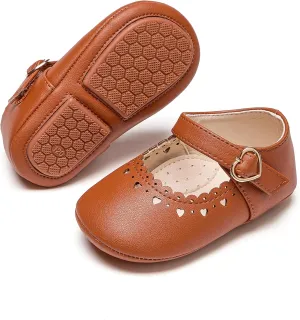 Baby Girls Mary Jane Flats - Infant Newborn Walking Shoes Soft Rubber Sole Princess Wedding