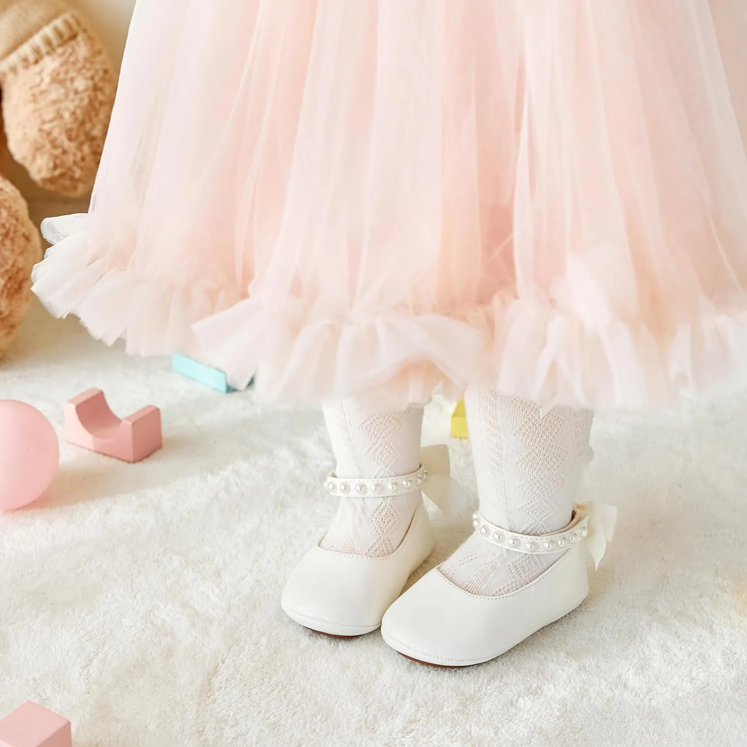 Baby Girls Mary Jane Flats - Infant Newborn Walking Shoes Soft Rubber Sole Princess Wedding