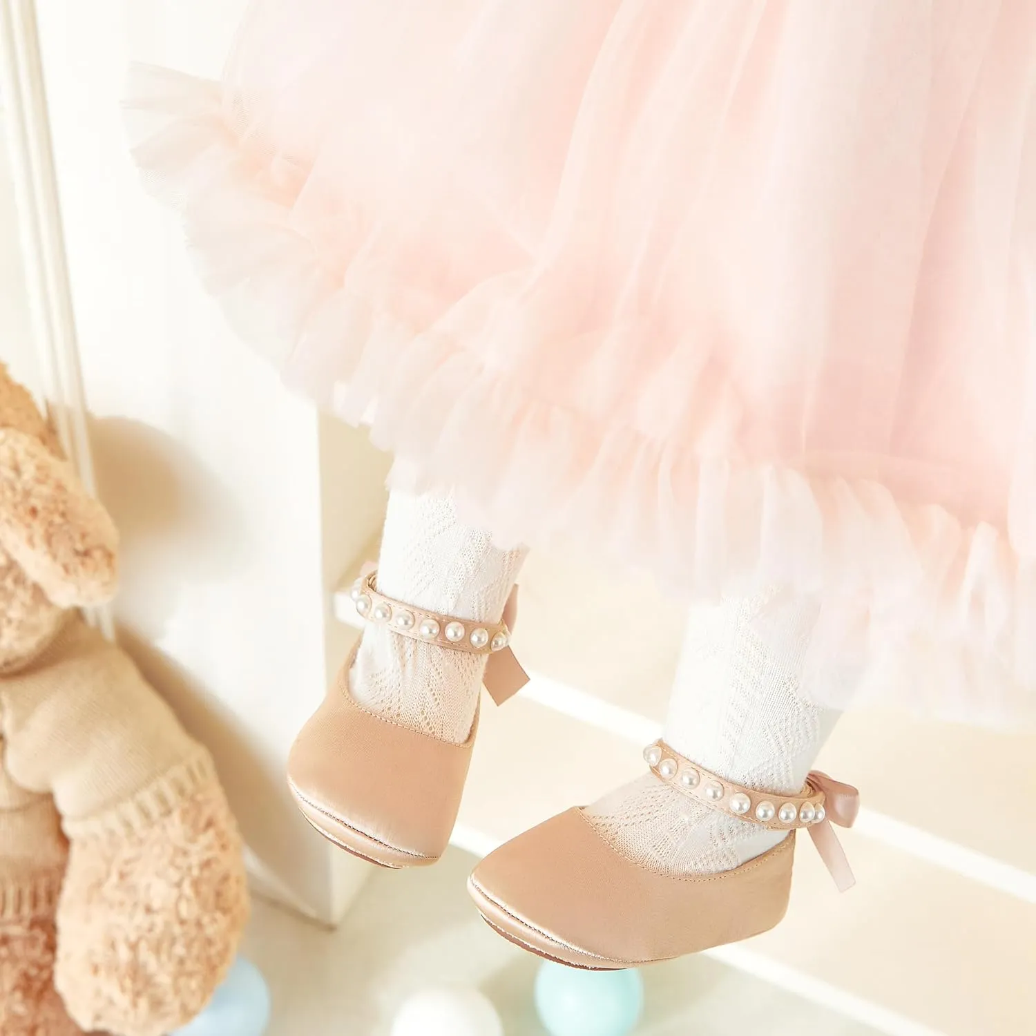 Baby Girls Mary Jane Flats - Infant Newborn Walking Shoes Soft Rubber Sole Princess Wedding