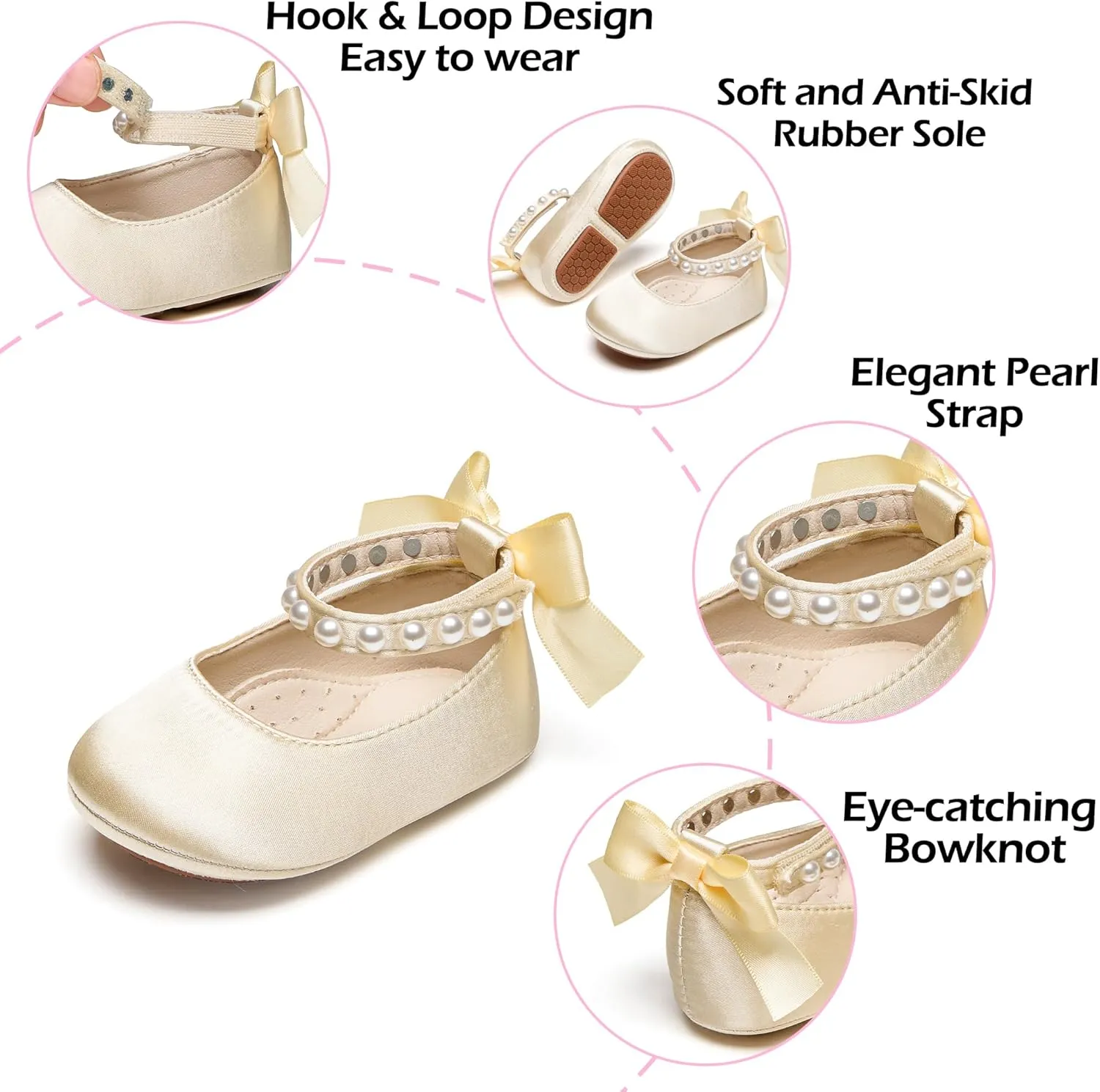Baby Girls Mary Jane Flats - Infant Newborn Walking Shoes Soft Rubber Sole Princess Wedding