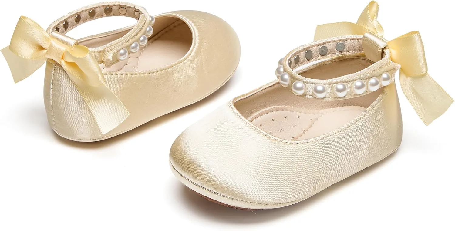 Baby Girls Mary Jane Flats - Infant Newborn Walking Shoes Soft Rubber Sole Princess Wedding