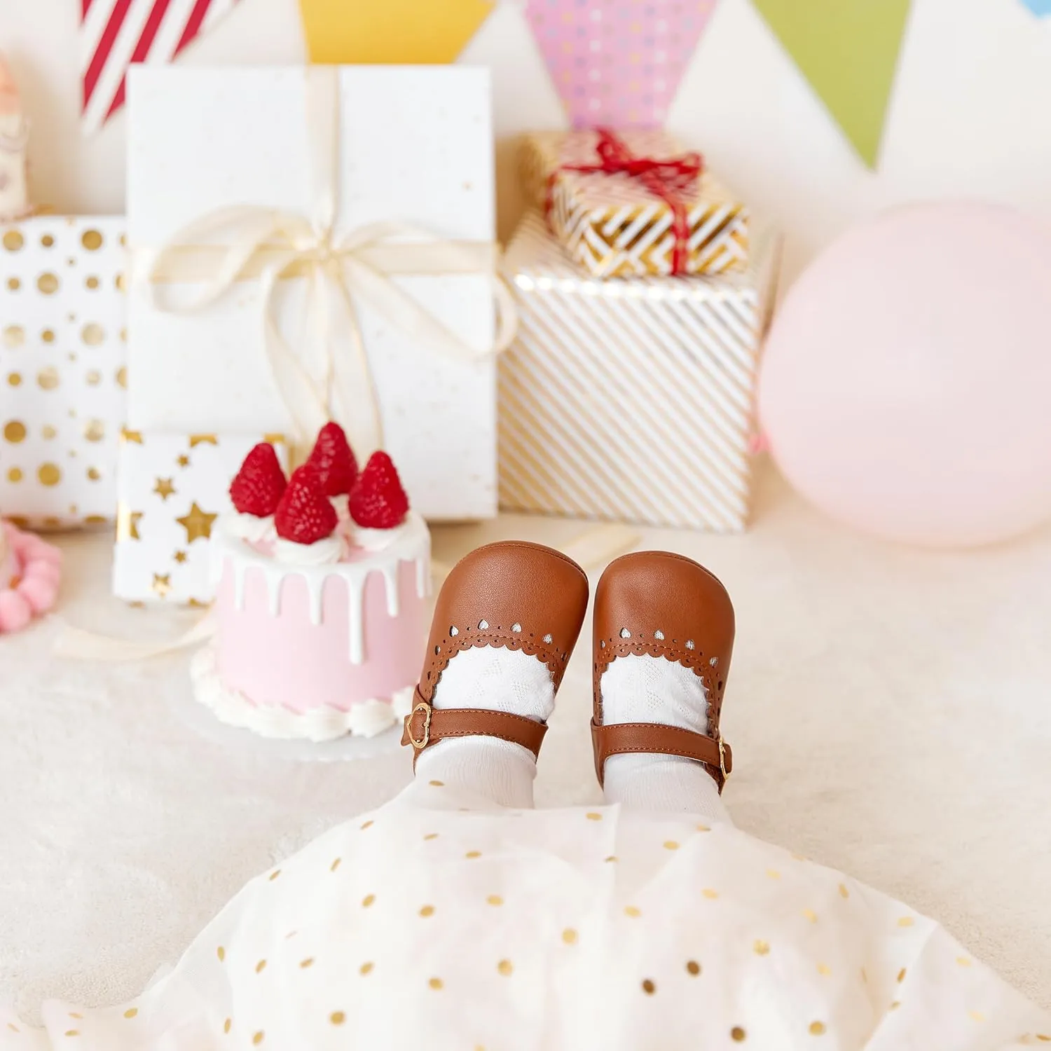 Baby Girls Mary Jane Flats - Infant Newborn Walking Shoes Soft Rubber Sole Princess Wedding