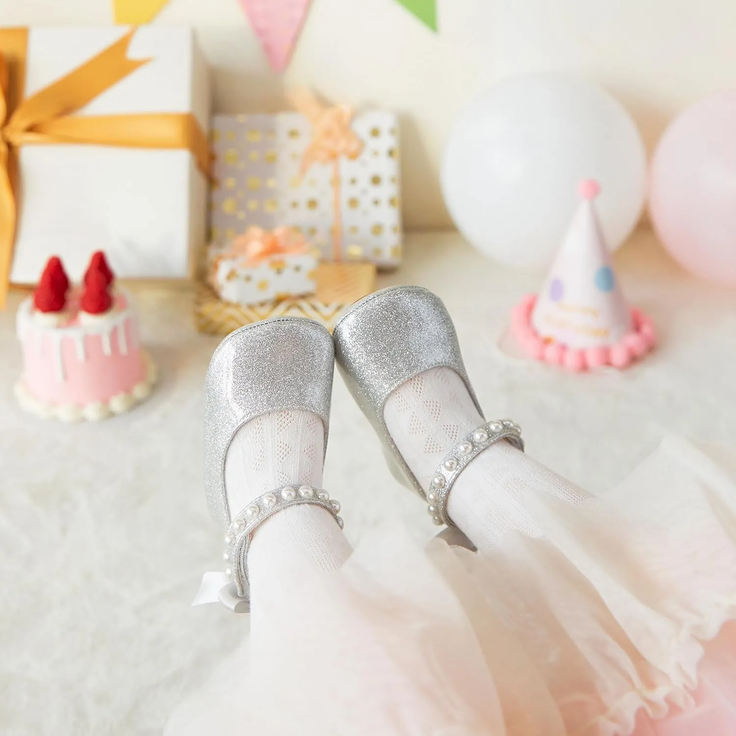 Baby Girls Mary Jane Flats - Infant Newborn Walking Shoes Soft Rubber Sole Princess Wedding
