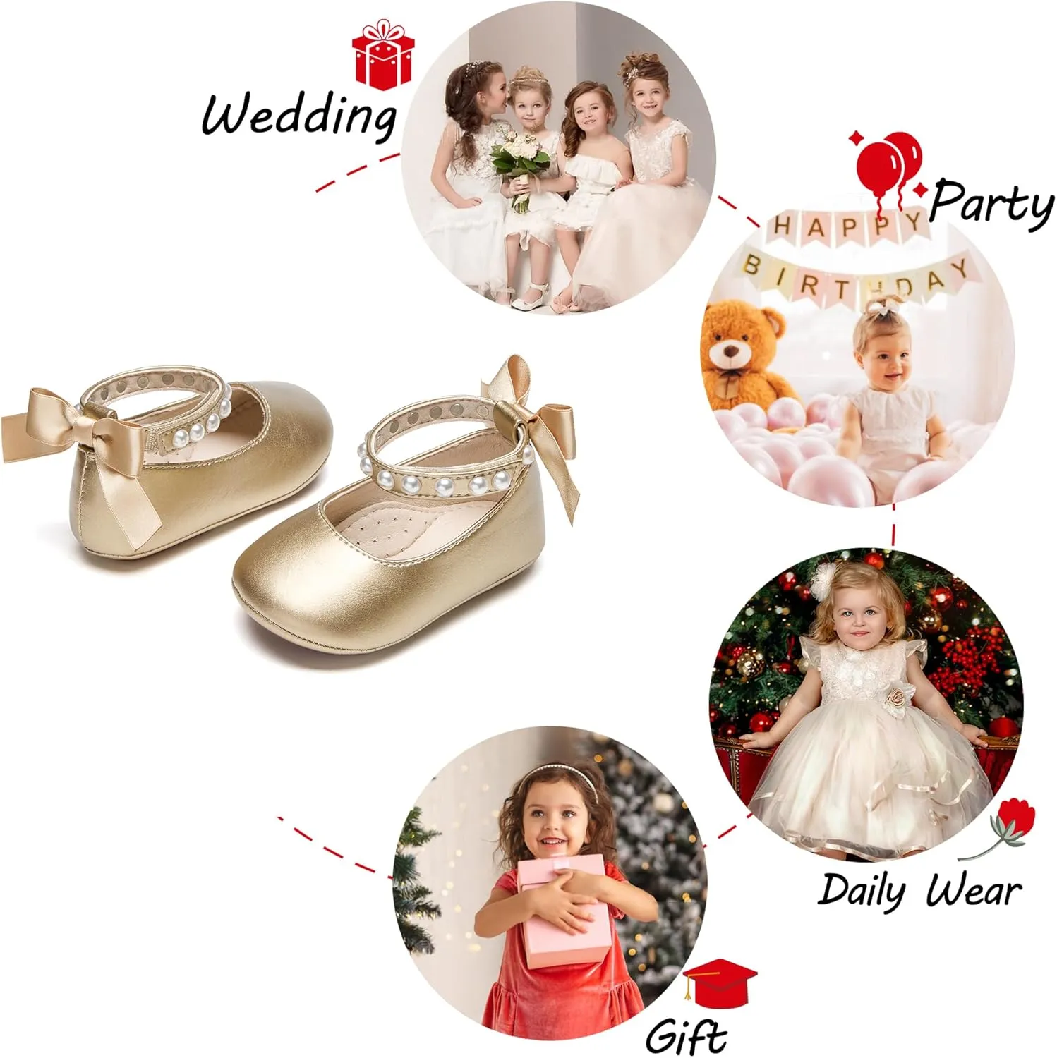 Baby Girls Mary Jane Flats - Infant Newborn Walking Shoes Soft Rubber Sole Princess Wedding