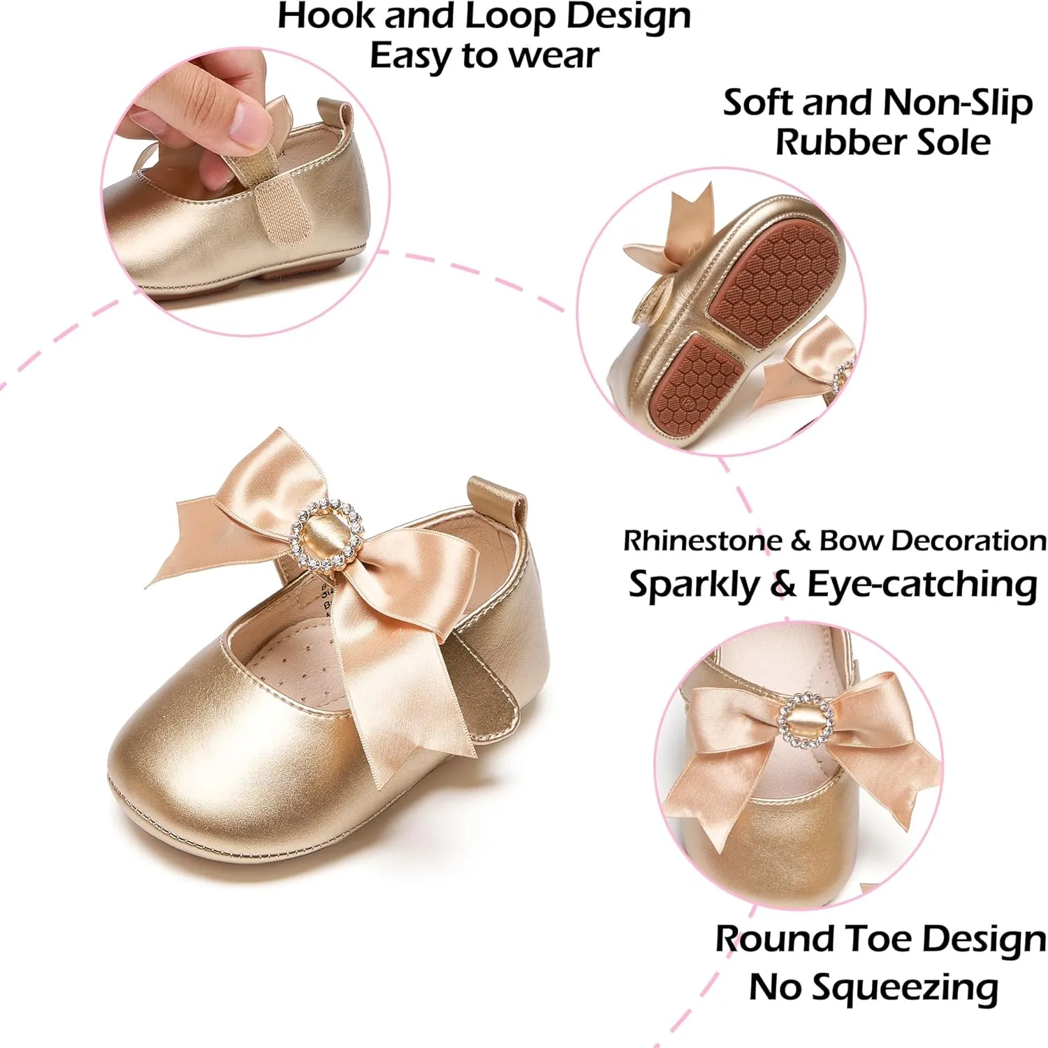 Baby Girls Mary Jane Flats - Infant Newborn Walking Shoes Soft Rubber Sole Princess Wedding