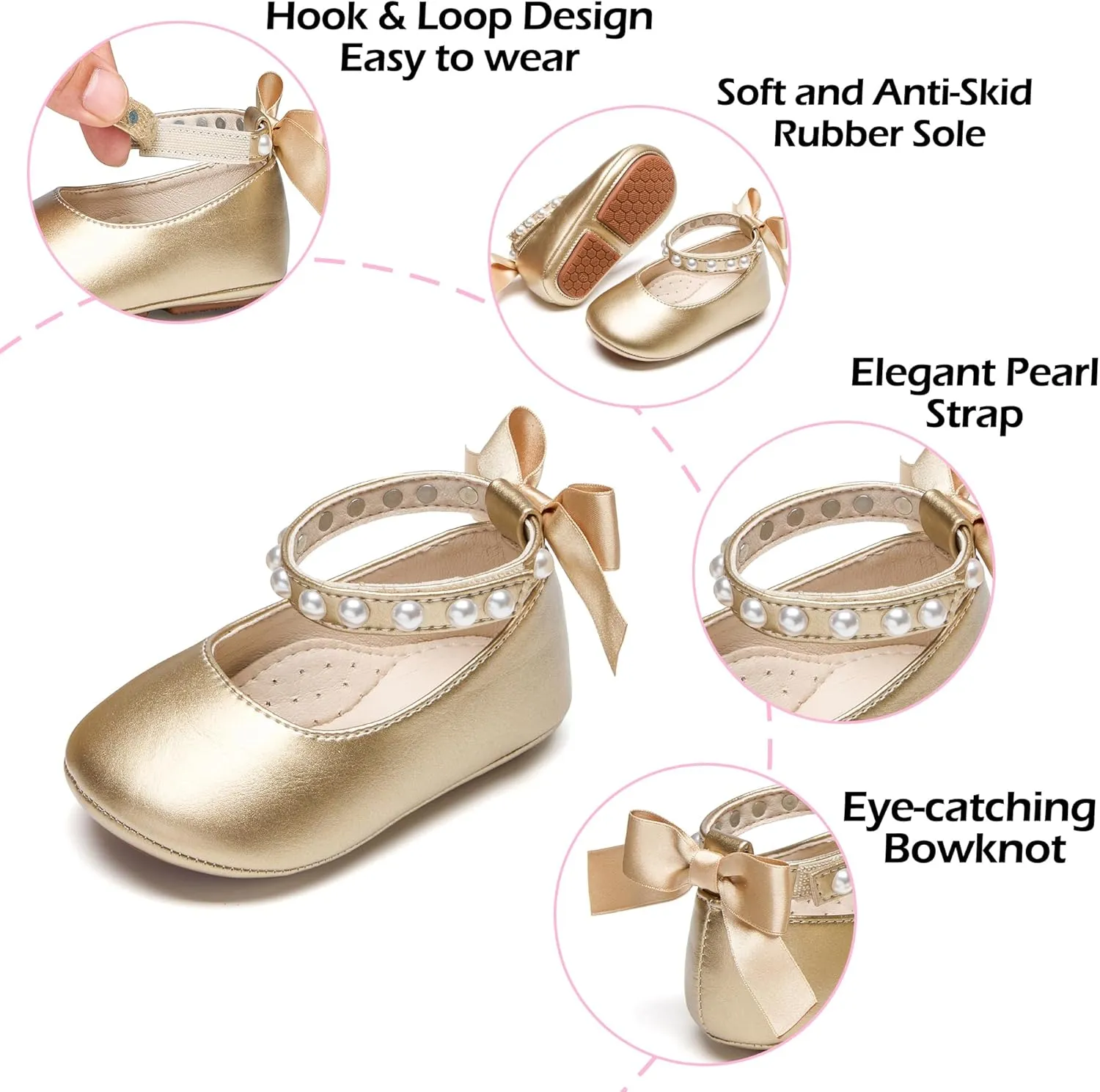 Baby Girls Mary Jane Flats - Infant Newborn Walking Shoes Soft Rubber Sole Princess Wedding